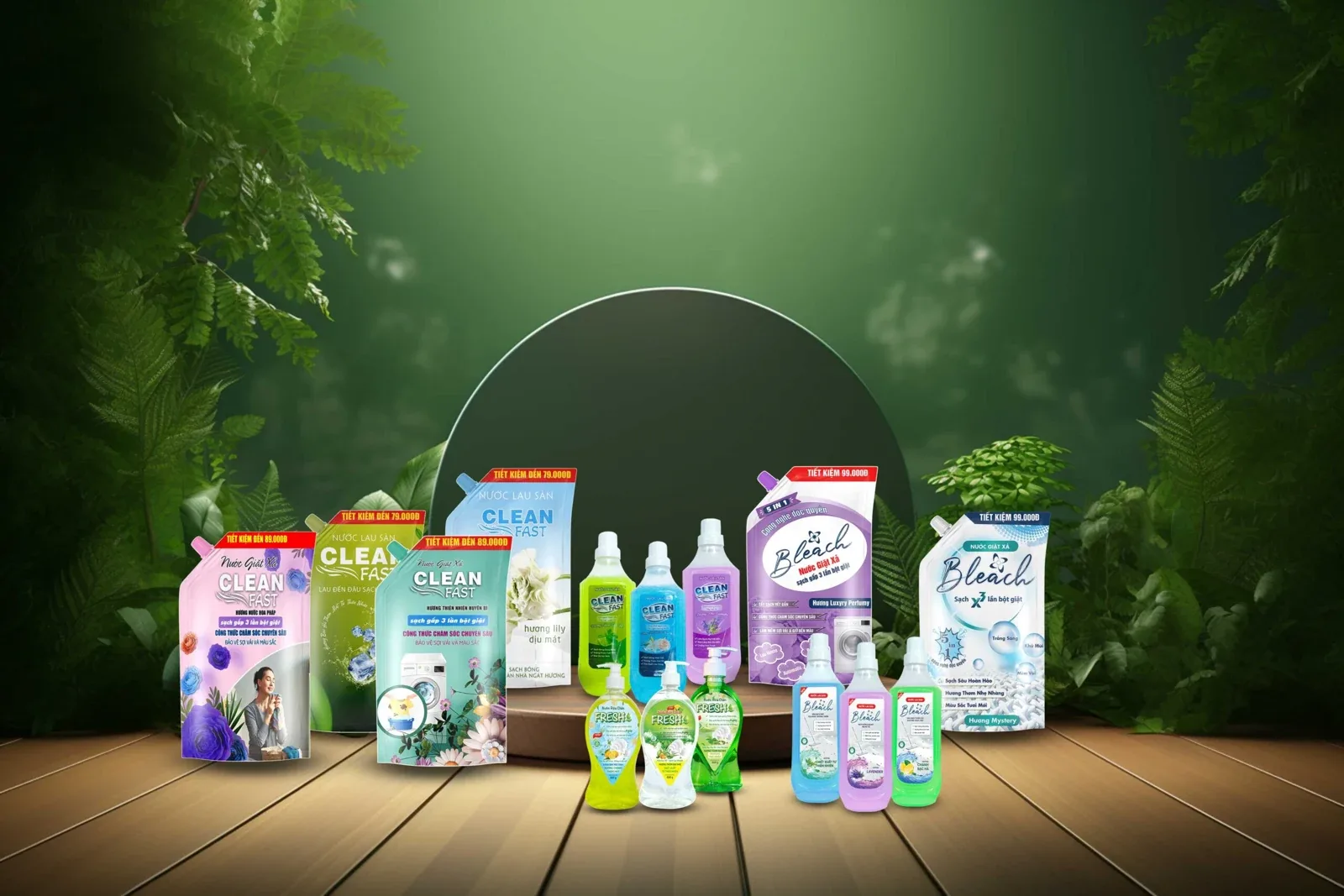 Bộ sưu tập nước rửa chén Fresh, nước lau sàn Clean Fast và nước giặt xả Bleach của PRIDE